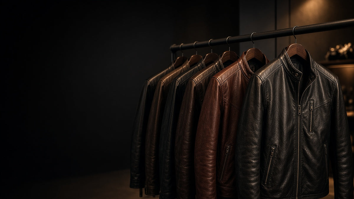 Leather jackets hanging on a rail in a dark boutique