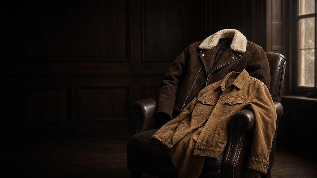 Suede jackets draped over a leather armchair