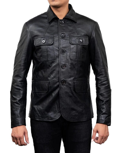 Black Leather Four-Pocket Jacket