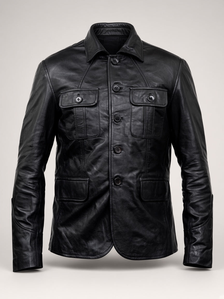 Black Leather Four-Pocket Jacket – front view