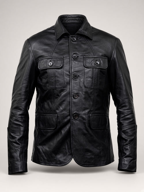 Black Leather Four-Pocket Jacket – front view