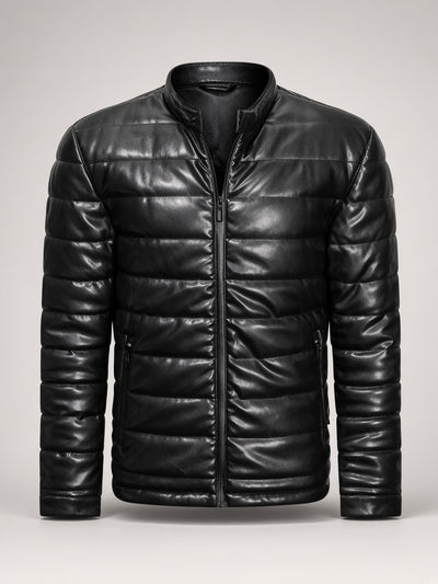 Quilted Puffer Leather Jacket – front view