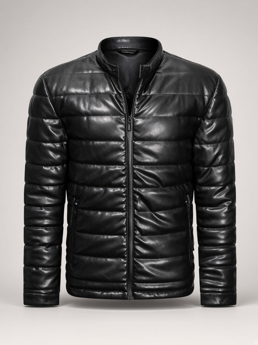 Quilted Puffer Leather Jacket – front view