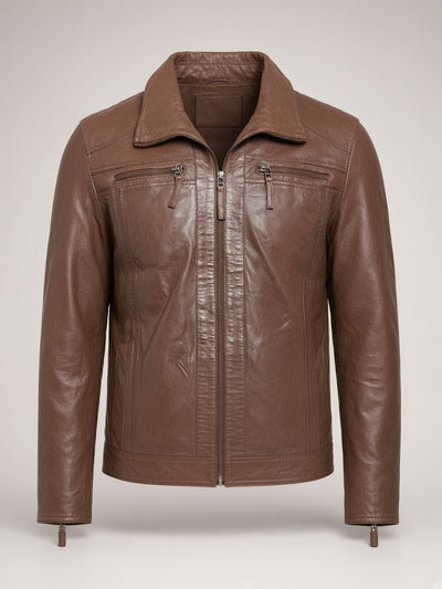 Brown Cafe Leather Jacket – front view