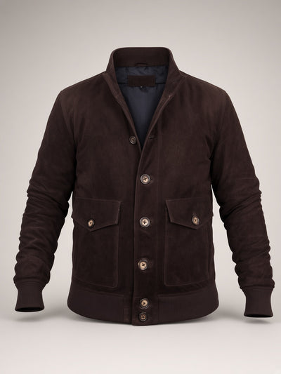 Chocolate Suede Bomber Jacket – front view