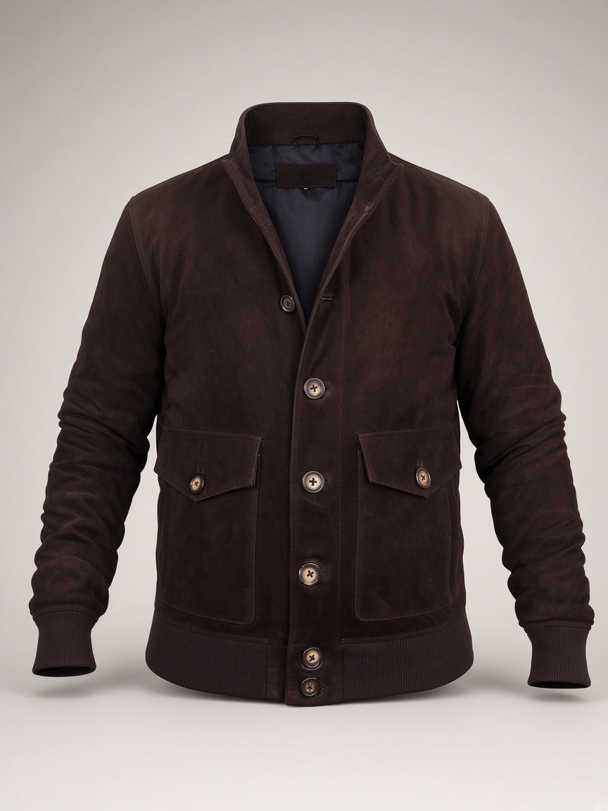 Chocolate Suede Bomber Jacket – front view