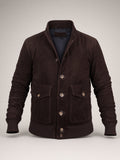 Chocolate Suede Bomber Jacket – front view
