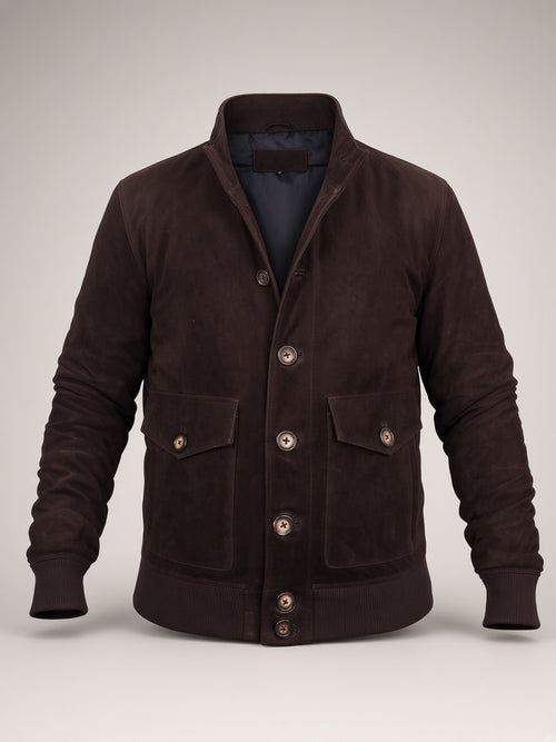 Chocolate Suede Bomber Jacket – front view