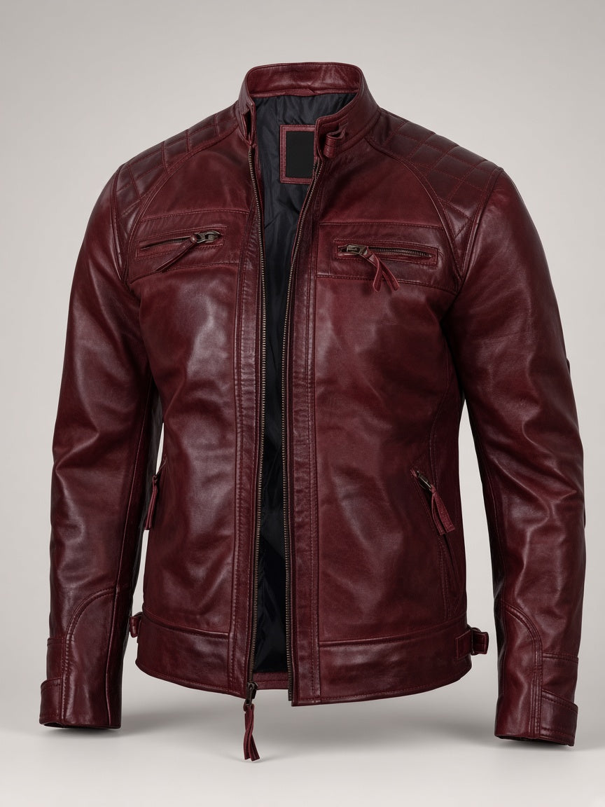 Maroon Shoulder Cafe Racer Jacket – front view