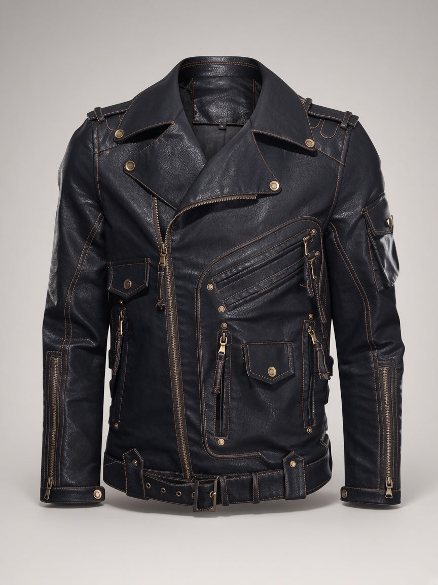 Multi-Pocket Biker Leather Jacket – front view