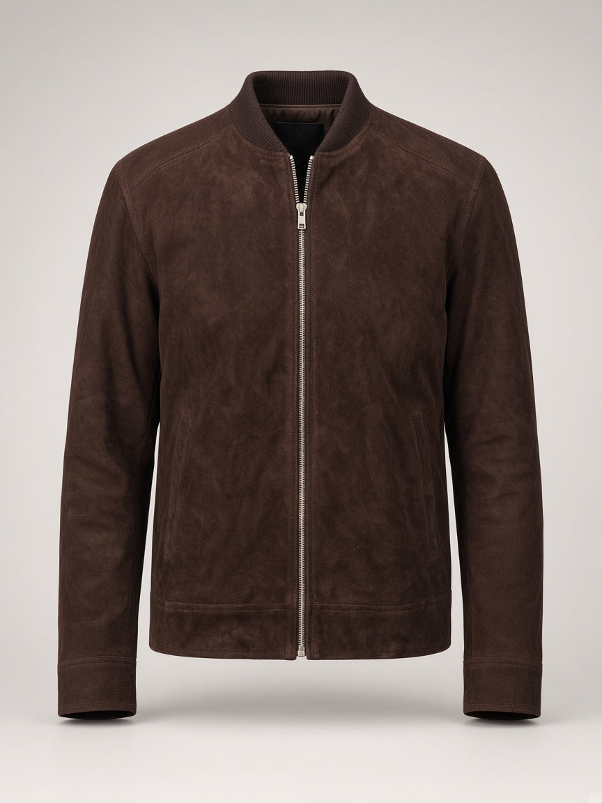 Premium Brown Suede Bomber Jacket – front view