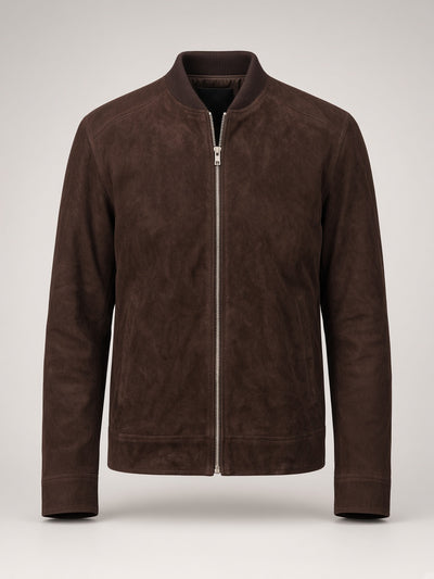 Premium Brown Suede Bomber Jacket – front view