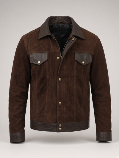 Dark Brown Suede & Leather Trucker Jacket – front view