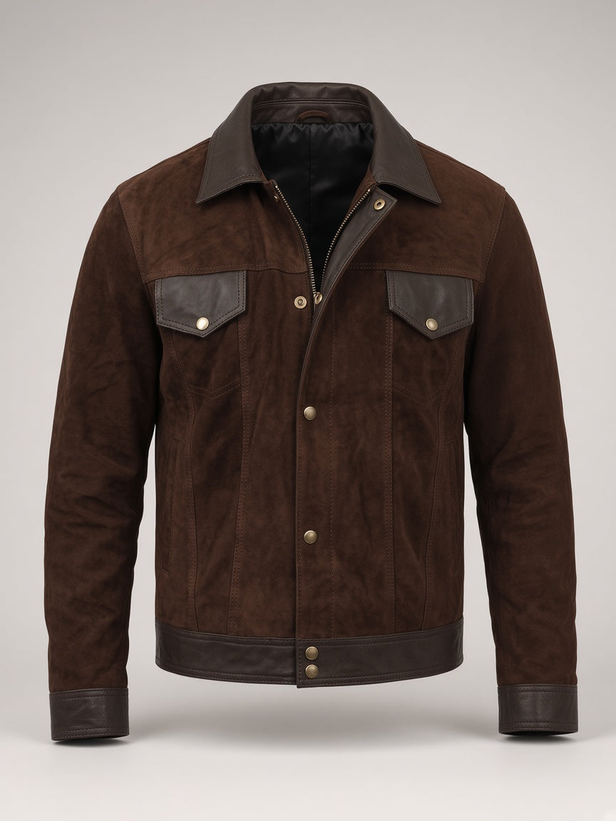 Dark Brown Suede & Leather Trucker Jacket – front view