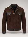 Dark Brown Suede & Leather Trucker Jacket – front view